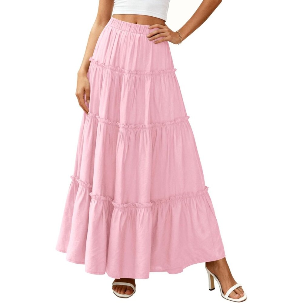 Women's Light Pink Boho Flowy A Line Tiered Beach Vacation Clothes Maxi Skirt - Picture 6 of 6